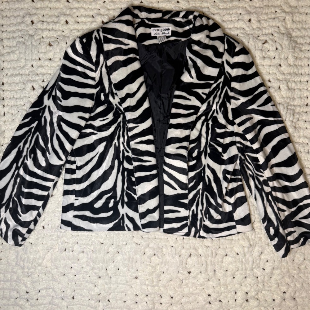 Focus 2000 Charles Glueck Zebra Print Faux Fur Jacket Blazer 18W Dolly Boho Y2K